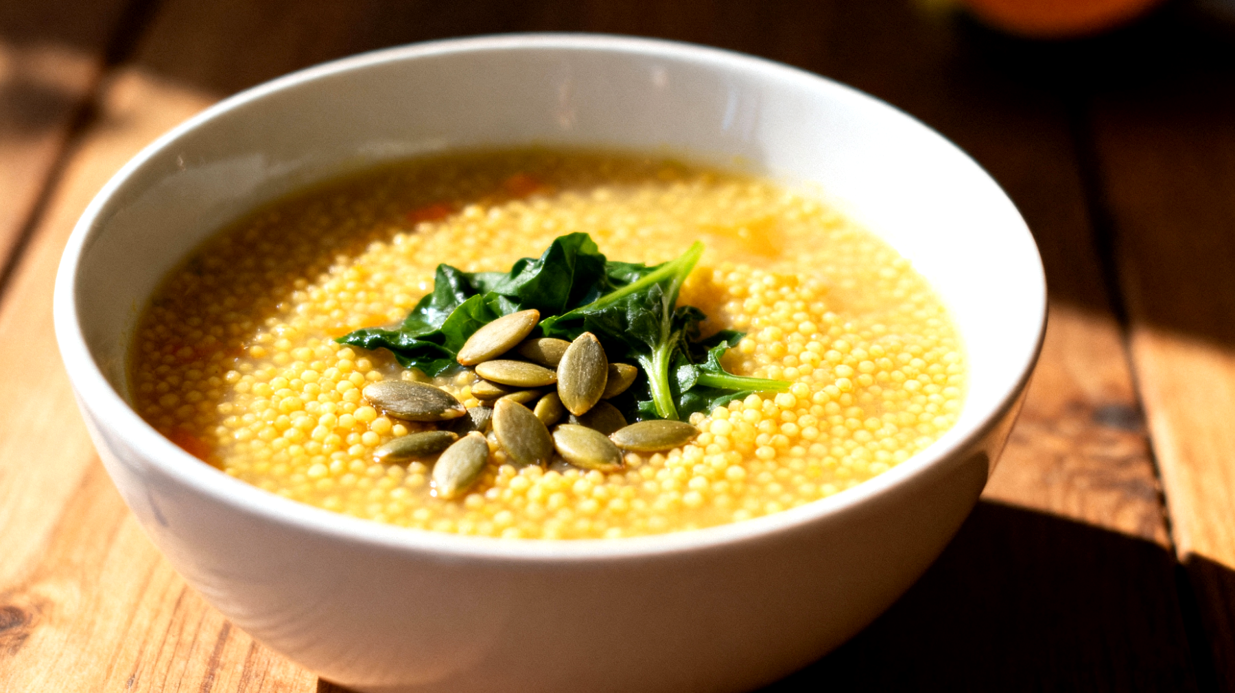 Zuppa di miglio con verdure a foglia verde e semi di zucca"